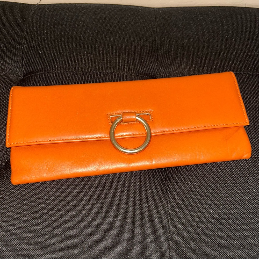Jane Shilton Orange Leather Clutch with Ring Detail made in England Vintage